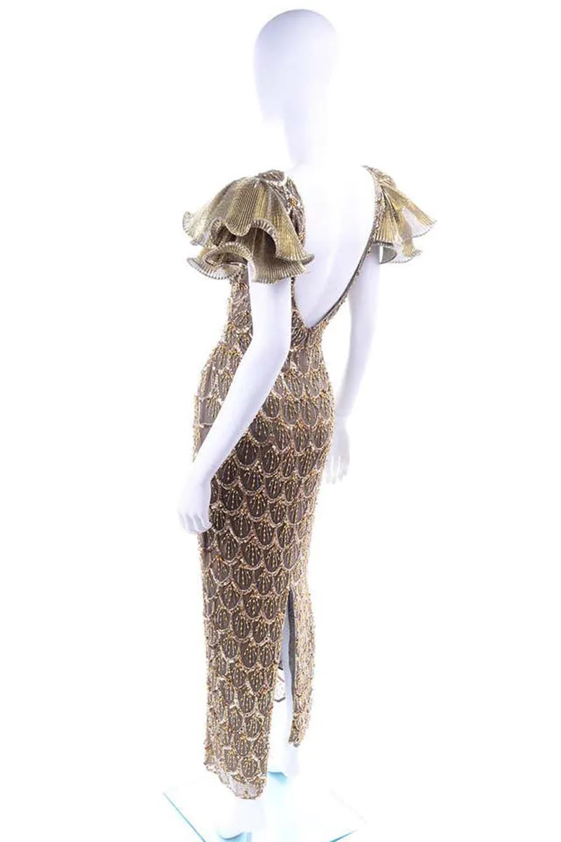 1980s Black Tie Vintage Gold Bronze Beaded Evening Dress w Statement Sleeves