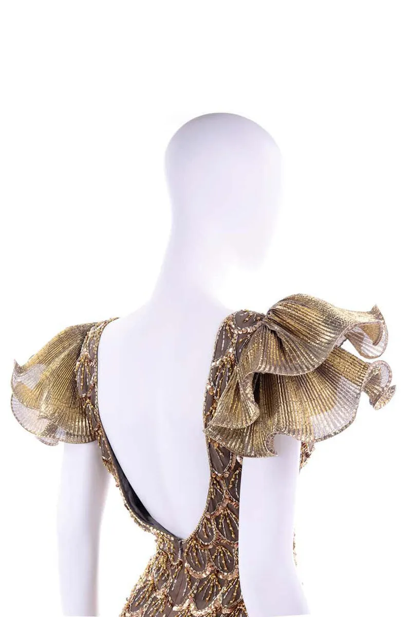1980s Black Tie Vintage Gold Bronze Beaded Evening Dress w Statement Sleeves