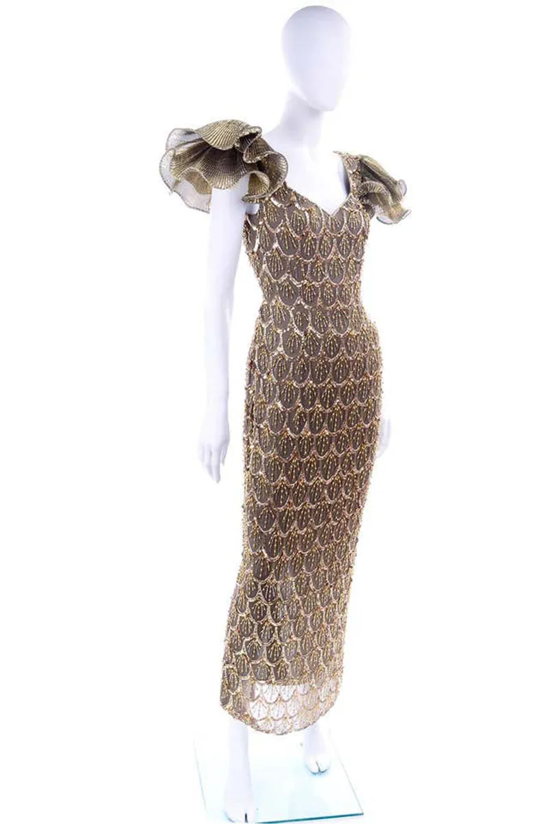 1980s Black Tie Vintage Gold Bronze Beaded Evening Dress w Statement Sleeves