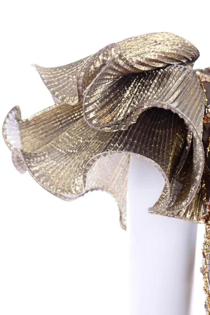 1980s Black Tie Vintage Gold Bronze Beaded Evening Dress w Statement Sleeves