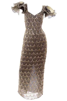 1980s Black Tie Vintage Gold Bronze Beaded Evening Dress w Statement Sleeves