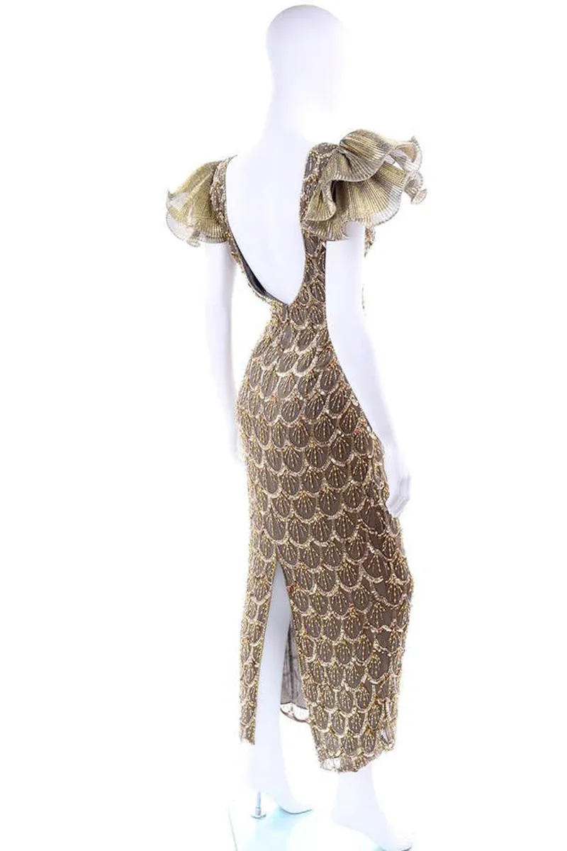1980s Black Tie Vintage Gold Bronze Beaded Evening Dress w Statement Sleeves