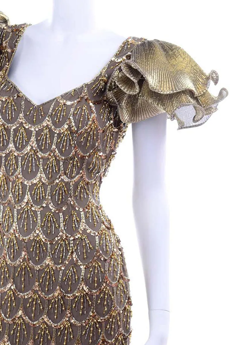 1980s Black Tie Vintage Gold Bronze Beaded Evening Dress w Statement Sleeves