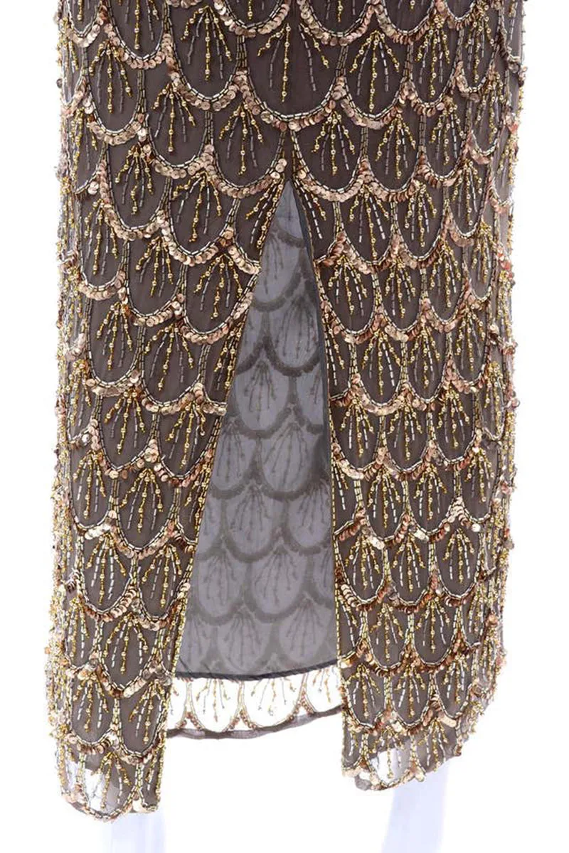 1980s Black Tie Vintage Gold Bronze Beaded Evening Dress w Statement Sleeves