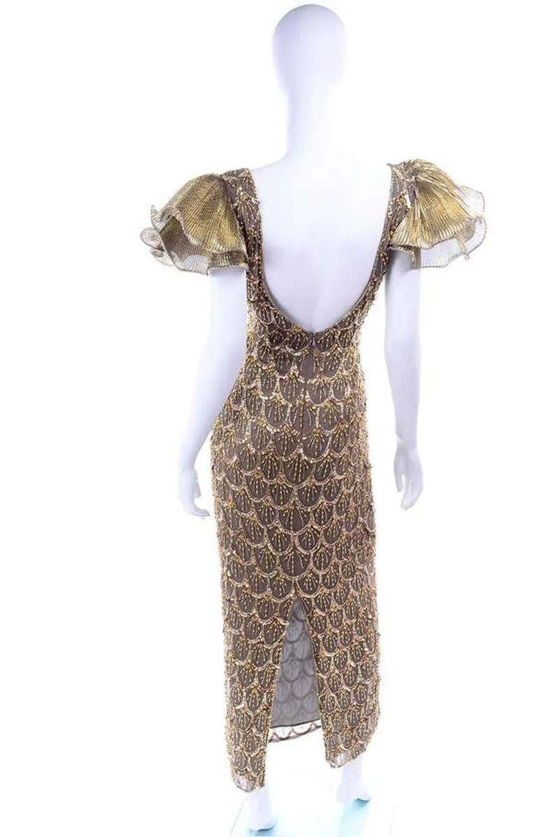 1980s Black Tie Vintage Gold Bronze Beaded Evening Dress w Statement Sleeves