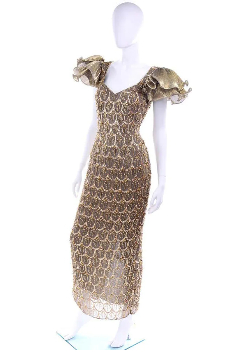 1980s Black Tie Vintage Gold Bronze Beaded Evening Dress w Statement Sleeves