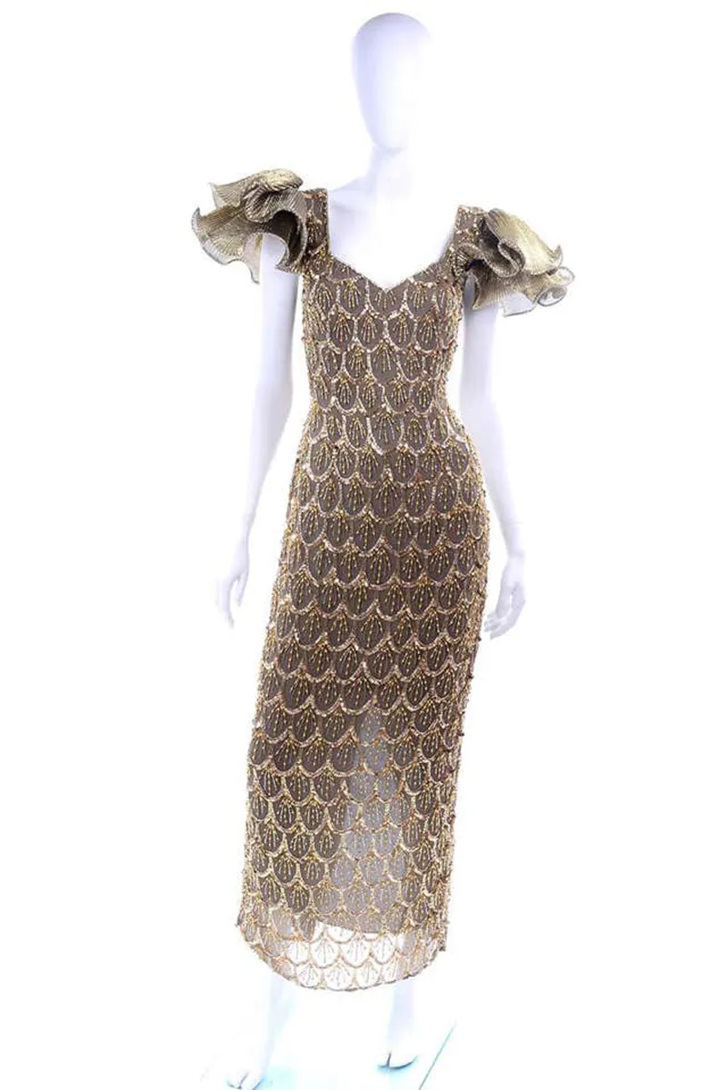 1980s Black Tie Vintage Gold Bronze Beaded Evening Dress w Statement Sleeves