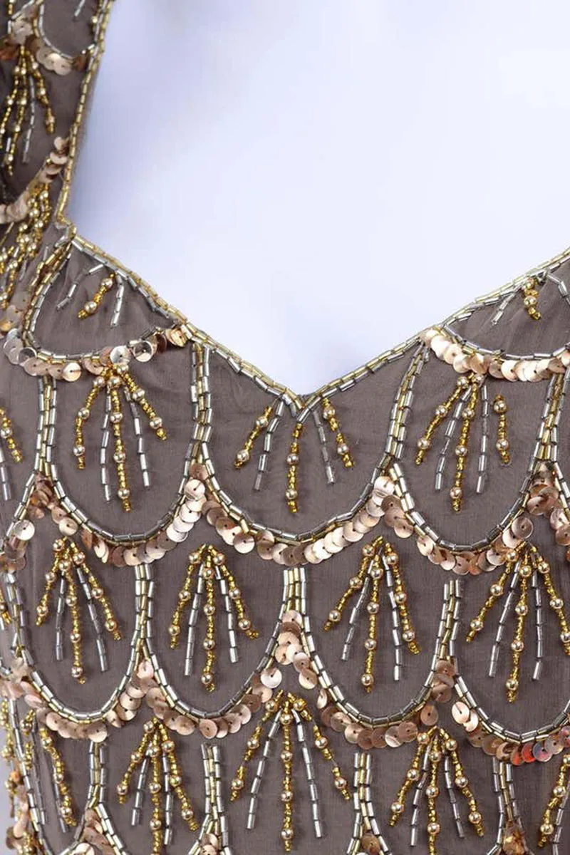 1980s Black Tie Vintage Gold Bronze Beaded Evening Dress w Statement Sleeves