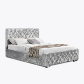 Arya Fabric Ottoman Super King Bed with Storage, Silver Velvet