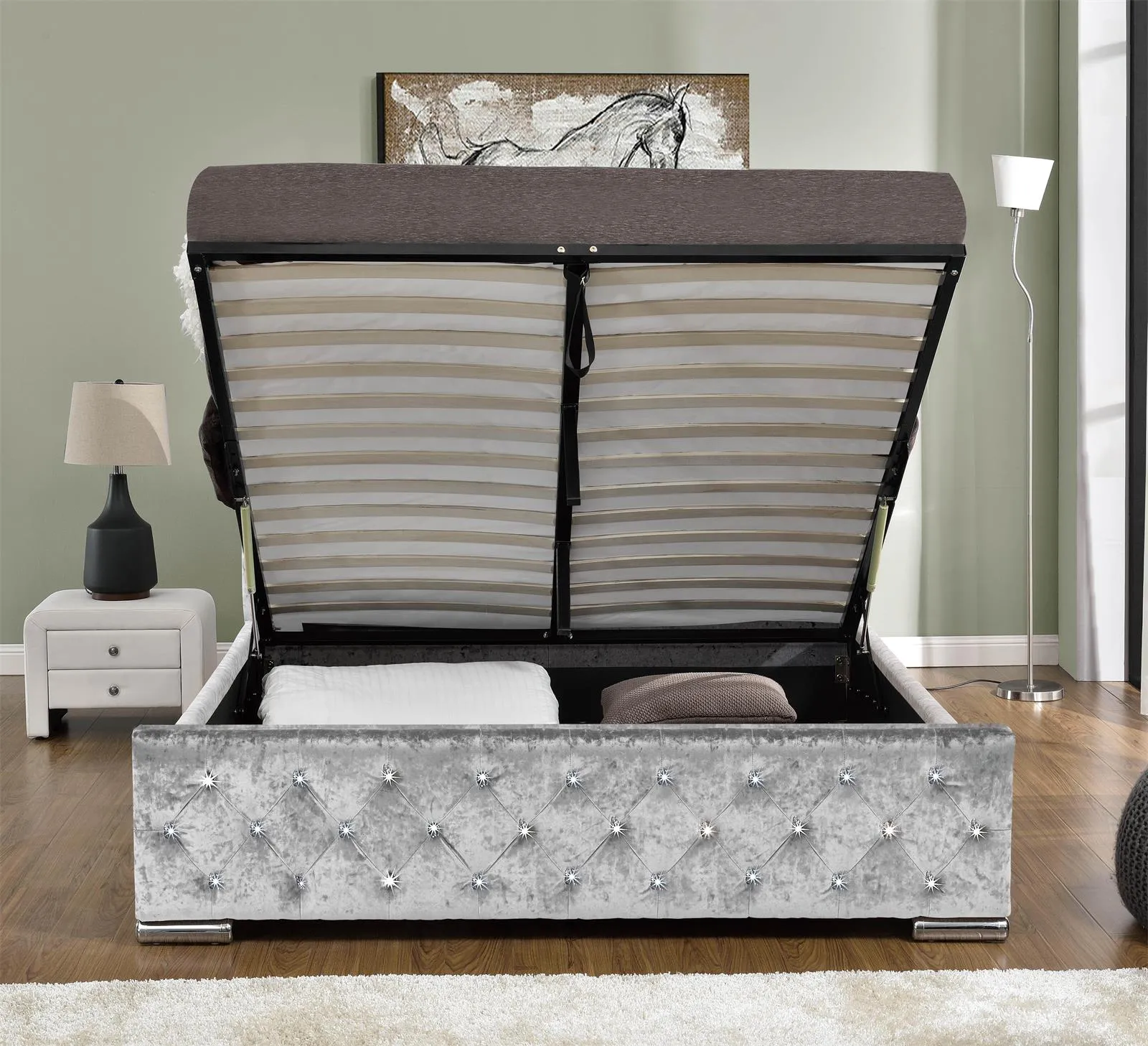 Arya Fabric Ottoman Super King Bed with Storage, Silver Velvet