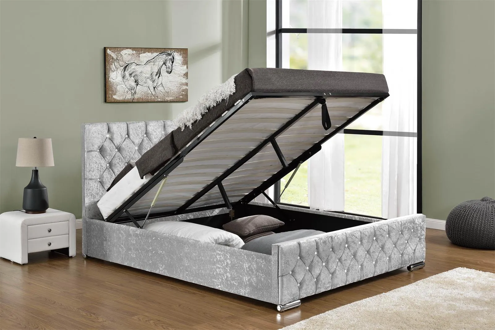 Arya Fabric Ottoman Super King Bed with Storage, Silver Velvet
