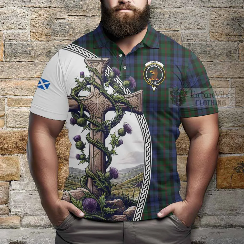 Baird Tartan Polo Shirt with Family Crest and St. Andrew's Cross Accented by Thistle Vines