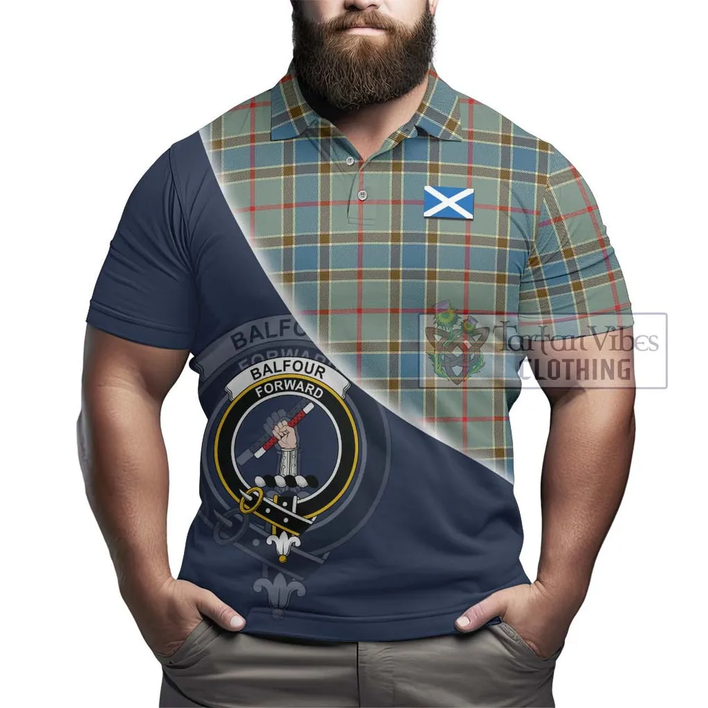 Balfour Blue Tartan Polo Shirt with Personalised National Flag and Family Crest Half Style
