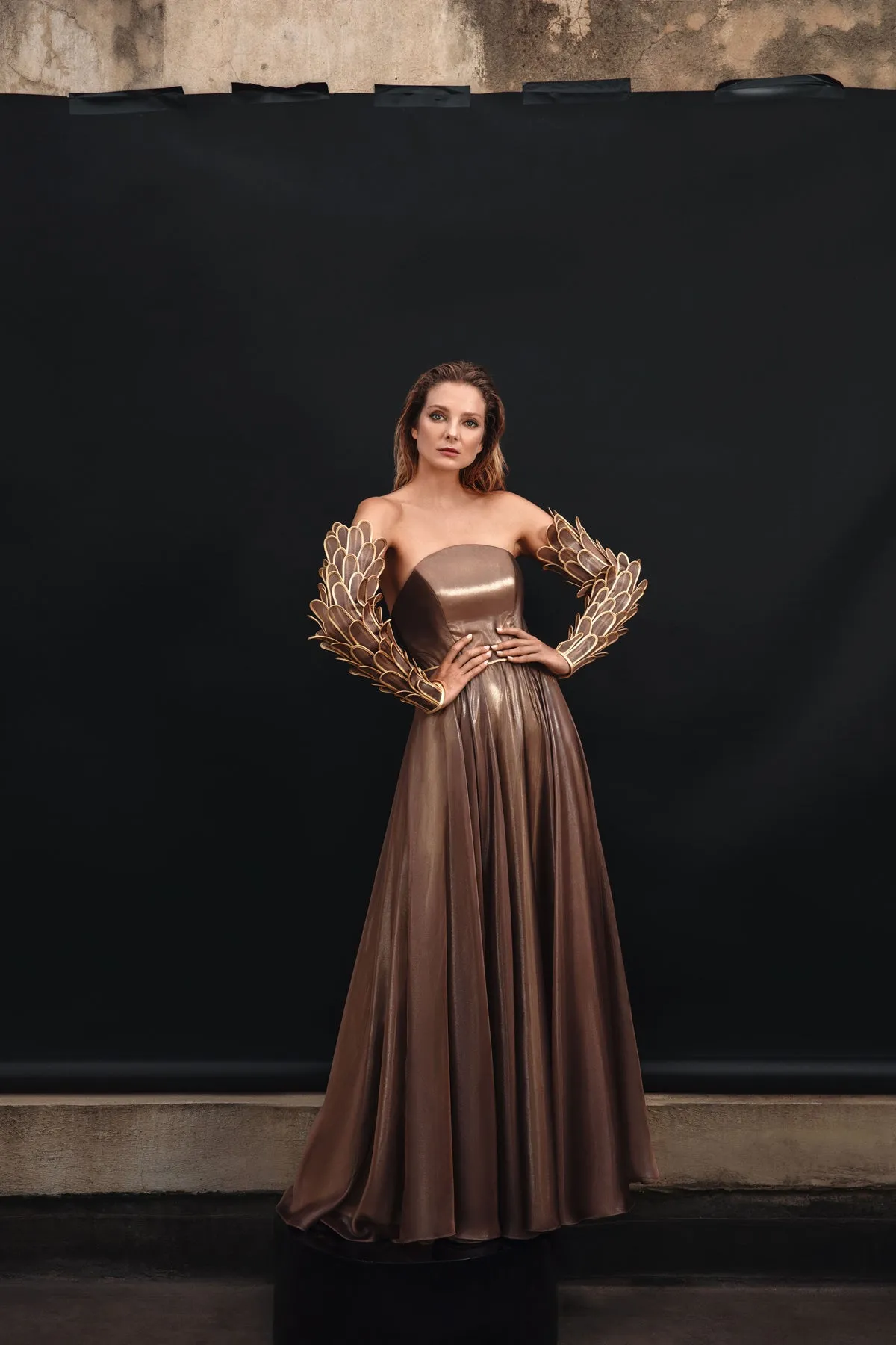 Corseted bronze dress