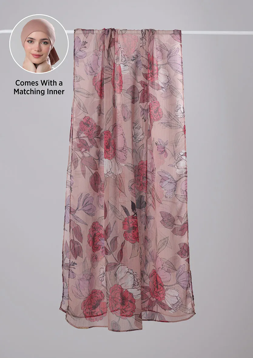 Red Peony- Classic Shawl- Printed Crinkled Chiffon
