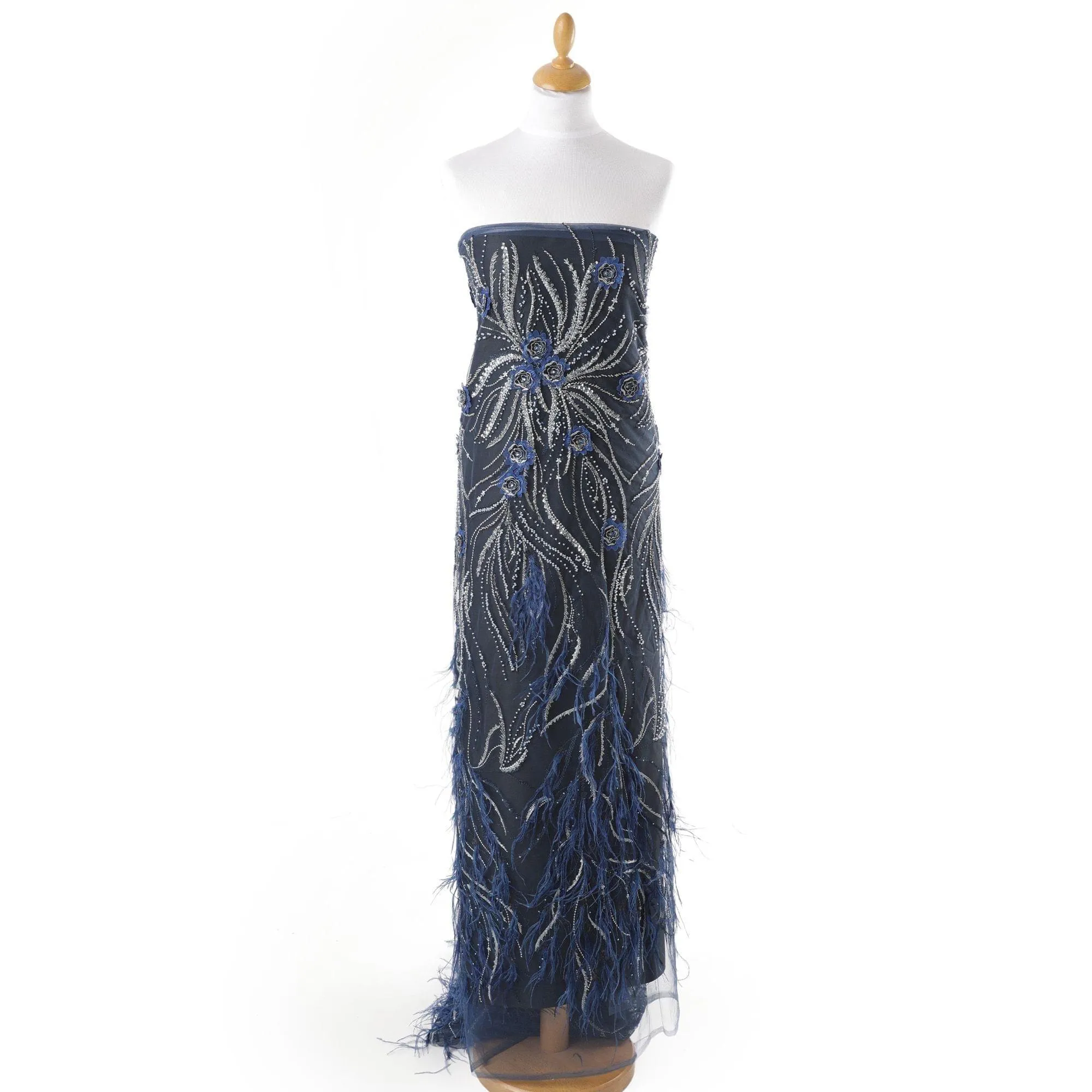 Yale blue nylon tulle fabric with same tone, silver embroidery, feathers having yale blue and navy blue 3d flowers , silver sequins and bead work in floral design