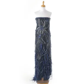 Yale blue nylon tulle fabric with same tone, silver embroidery, feathers having yale blue and navy blue 3d flowers , silver sequins and bead work in floral design