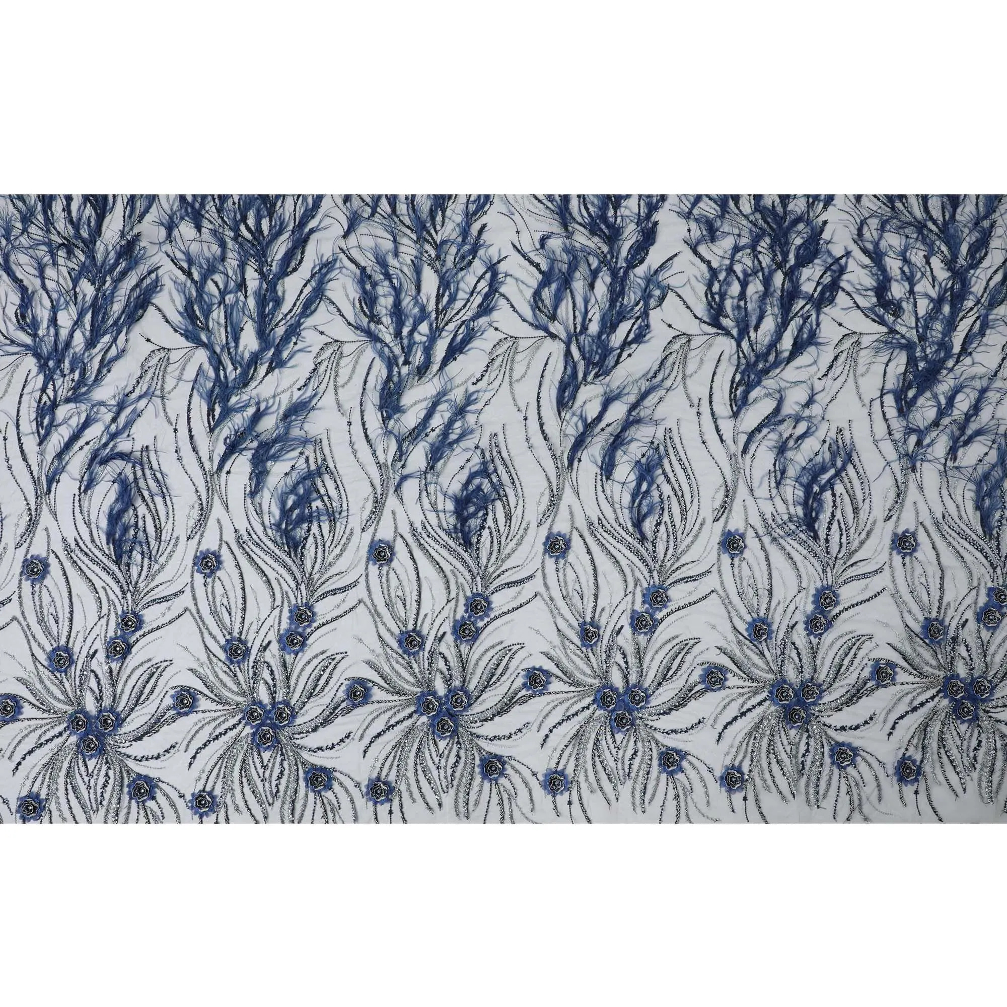 Yale blue nylon tulle fabric with same tone, silver embroidery, feathers having yale blue and navy blue 3d flowers , silver sequins and bead work in floral design