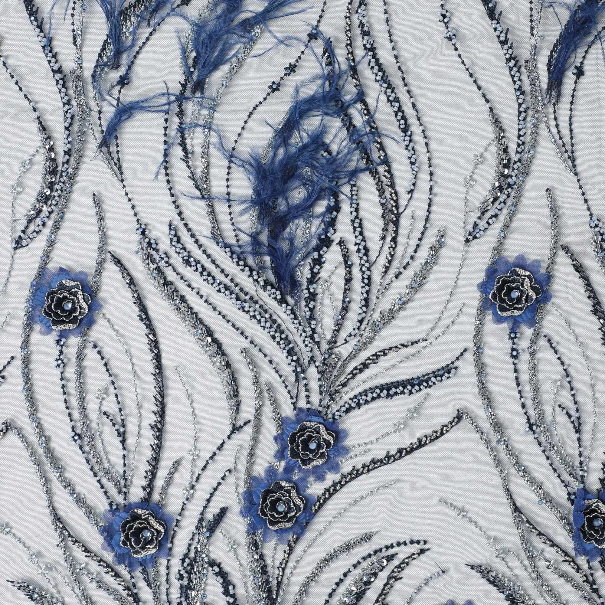 Yale blue nylon tulle fabric with same tone, silver embroidery, feathers having yale blue and navy blue 3d flowers , silver sequins and bead work in floral design