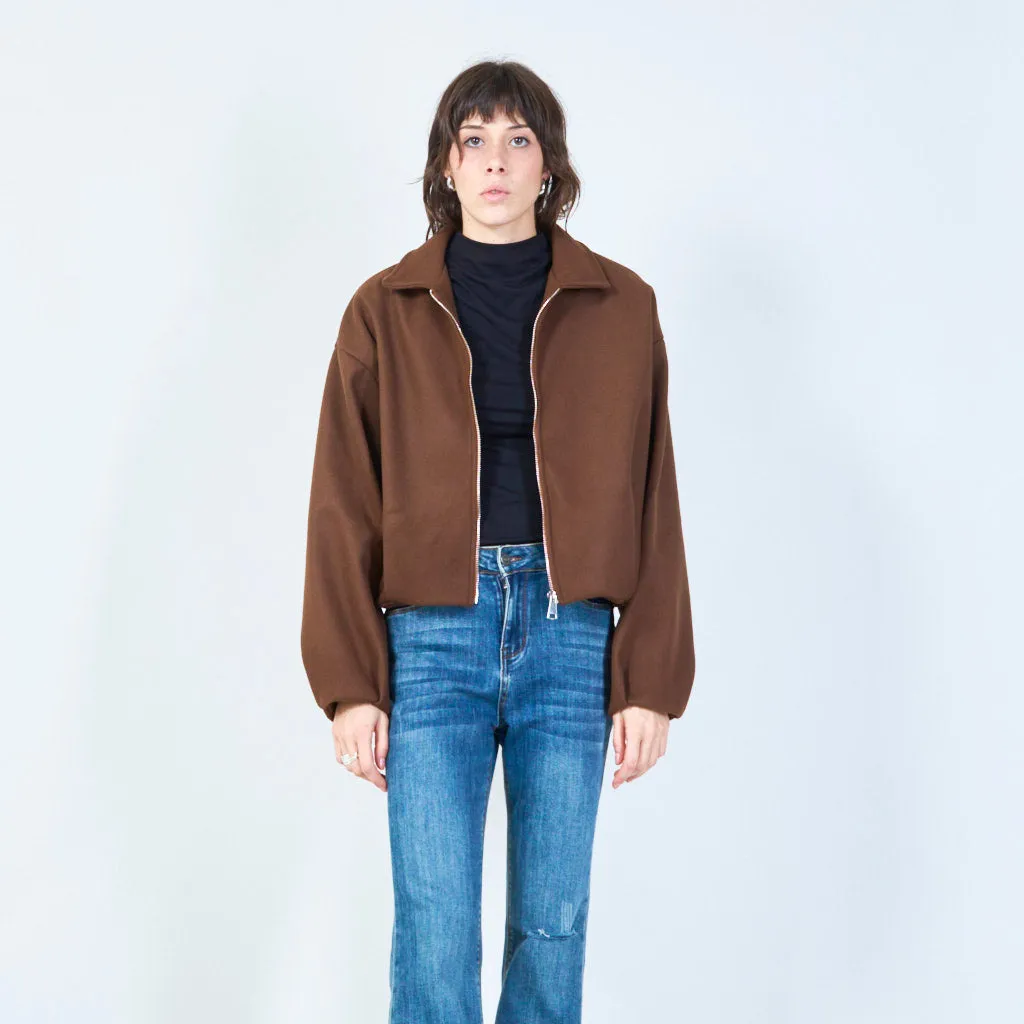 Zip-up cropped jacket with classic collar wholesale