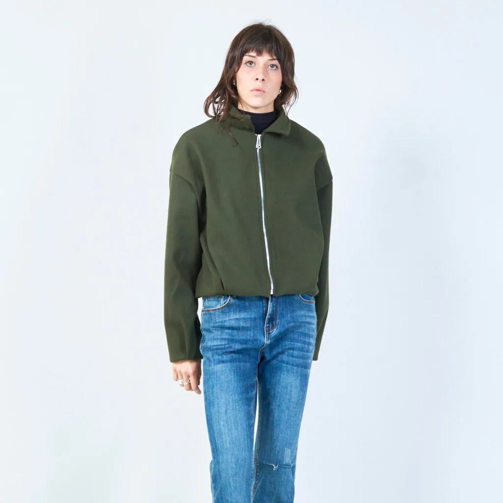Zip-up cropped jacket with classic collar wholesale