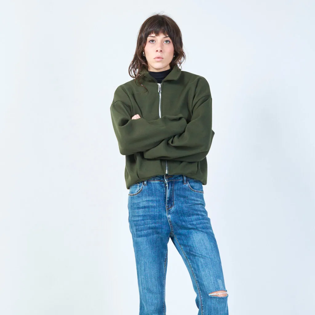 Zip-up cropped jacket with classic collar wholesale