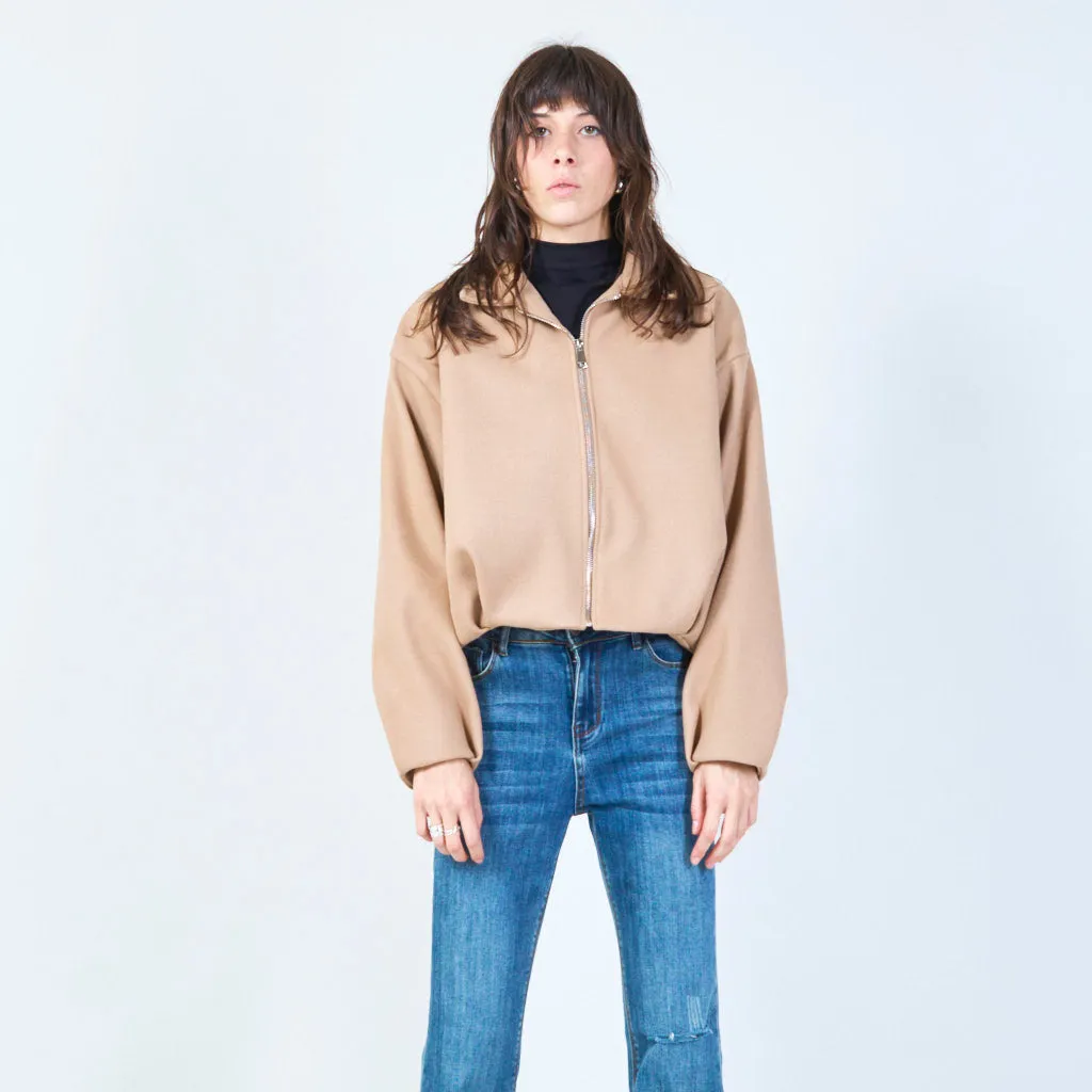 Zip-up cropped jacket with classic collar wholesale