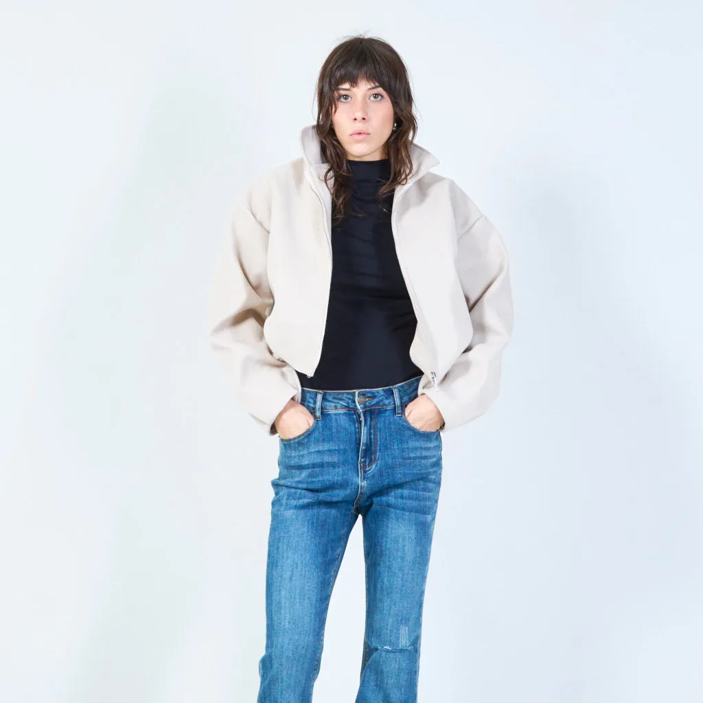 Zip-up cropped jacket with classic collar wholesale