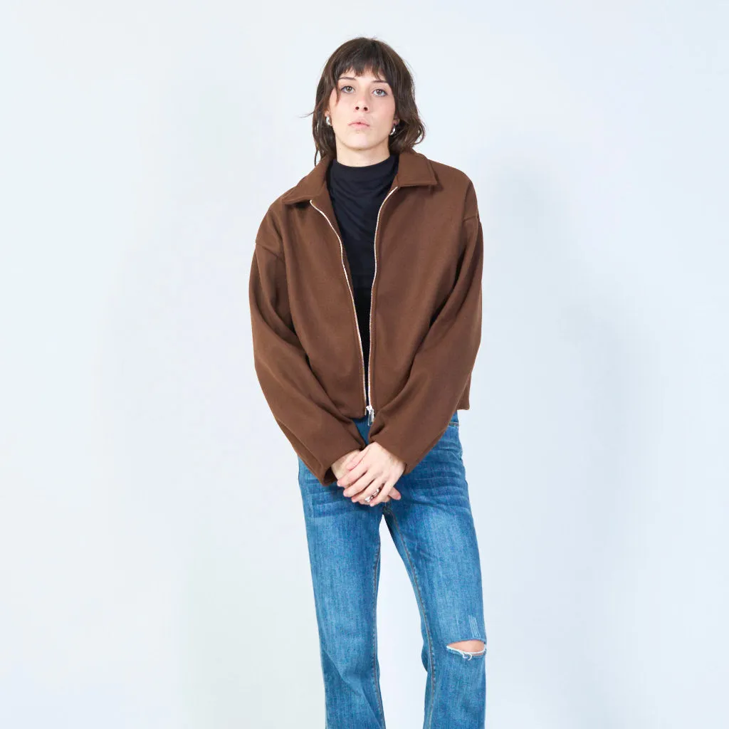 Zip-up cropped jacket with classic collar wholesale