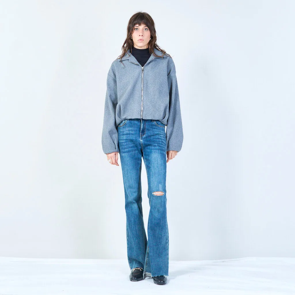 Zip-up cropped jacket with classic collar wholesale