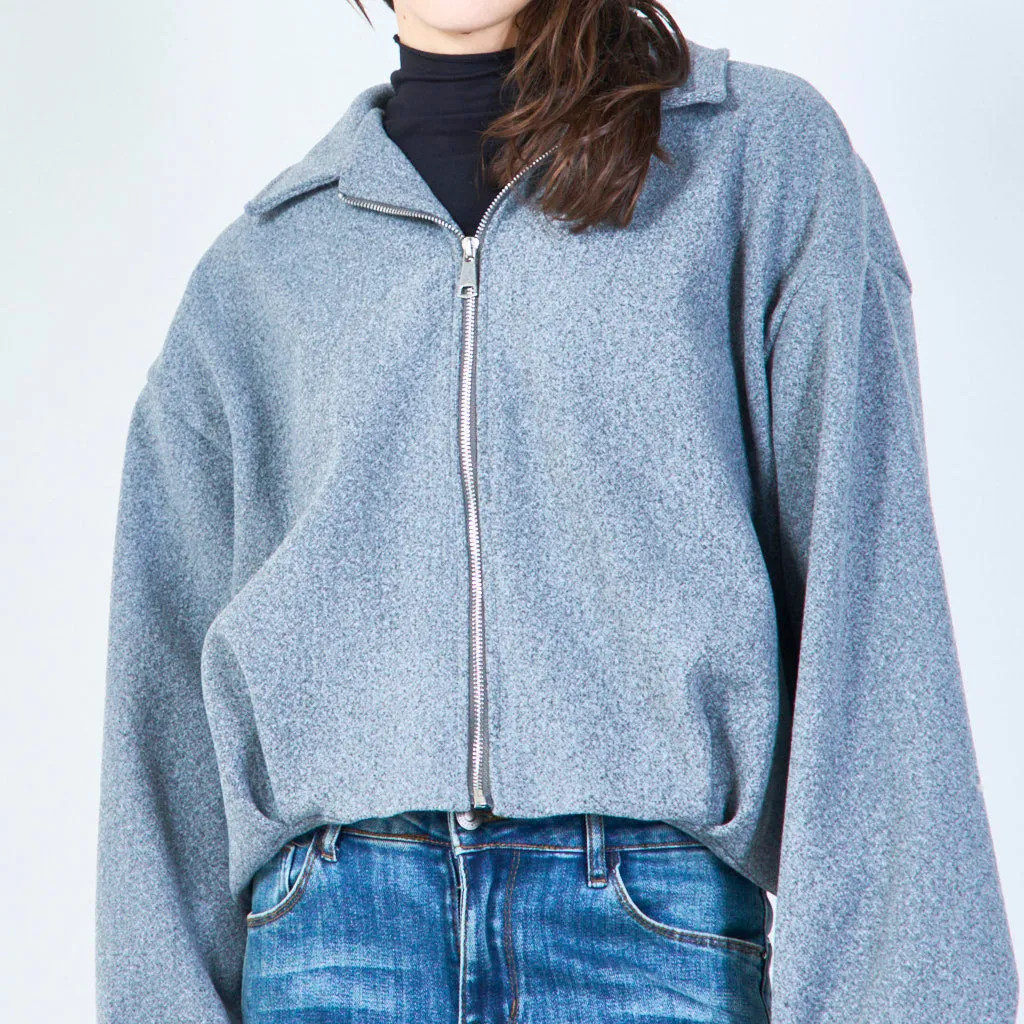 Zip-up cropped jacket with classic collar wholesale