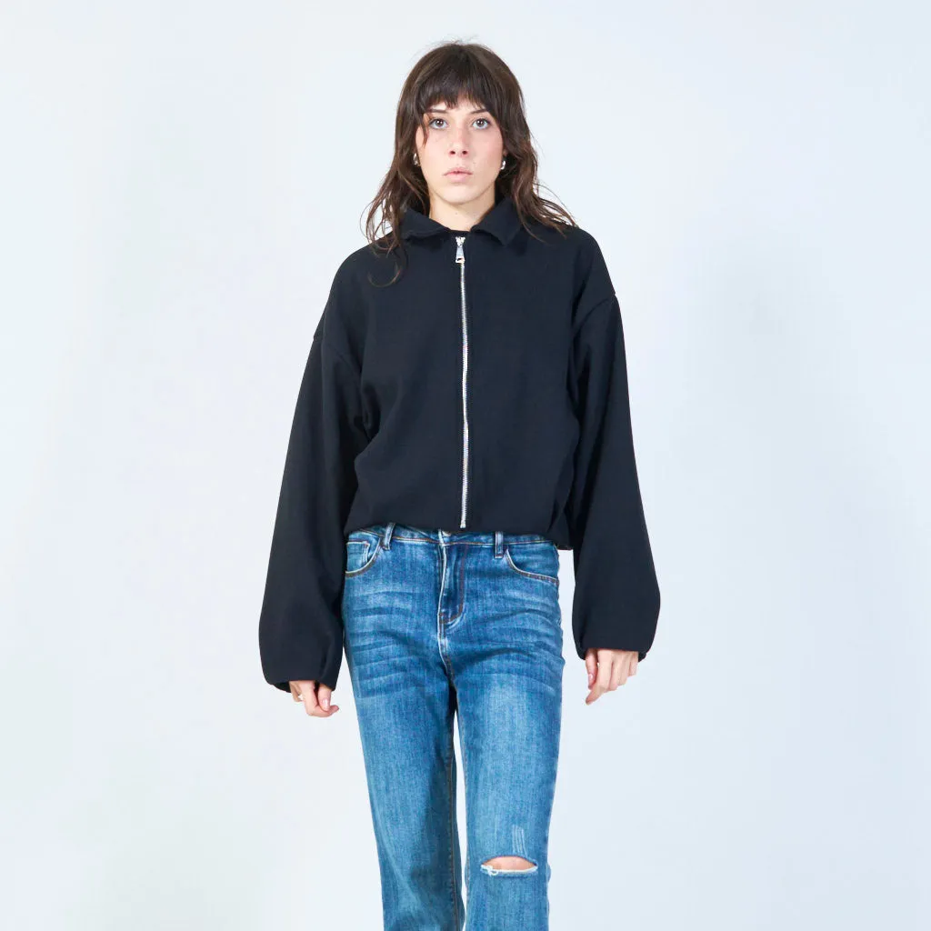 Zip-up cropped jacket with classic collar wholesale