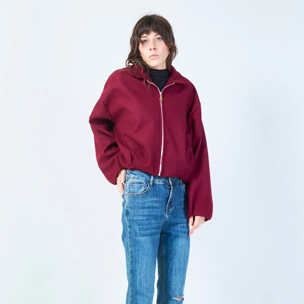Zip-up cropped jacket with classic collar wholesale