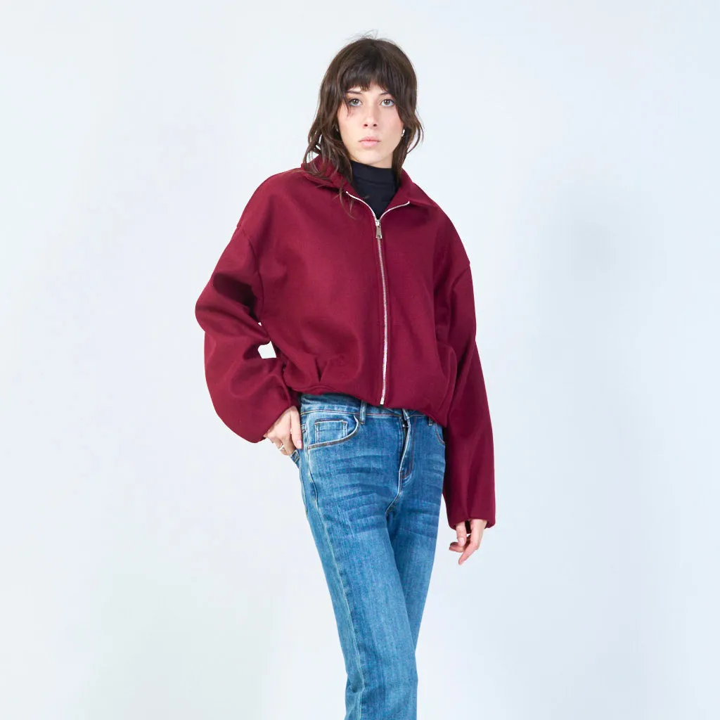 Zip-up cropped jacket with classic collar wholesale