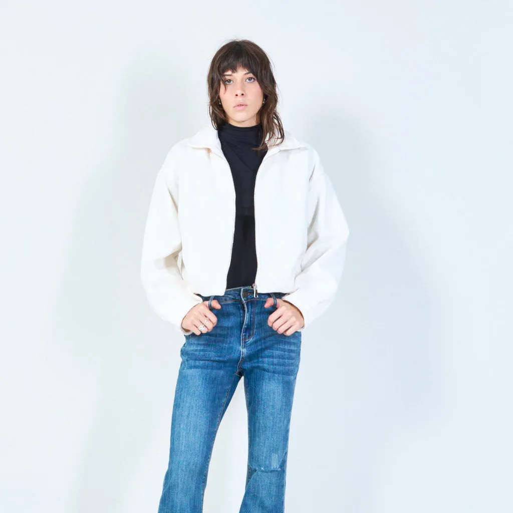 Zip-up cropped jacket with classic collar wholesale